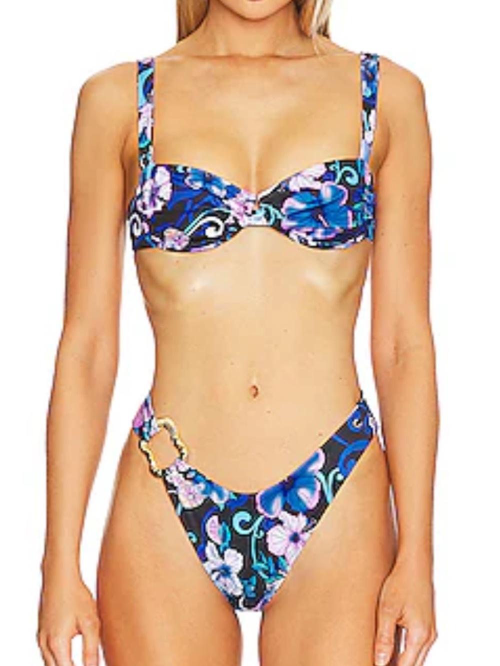 Cin cin blue hibiscus ariel ruched bikini top